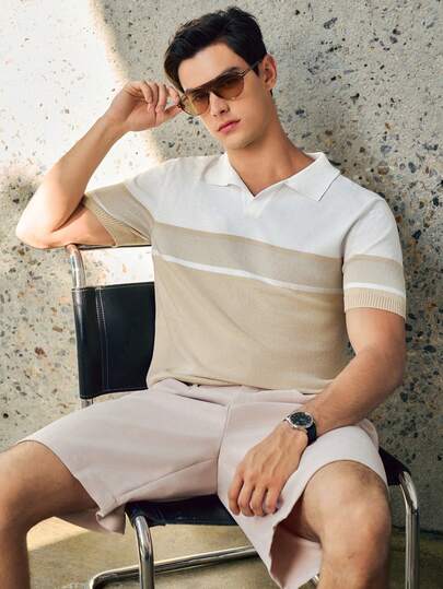 RONVEXI 男士撞色条纹图案短袖针织Polo衫夏季两件套 男士针织两件套 男士度假装 男士休闲短裤两件套 男士短款套装