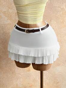 Mistrie Women's Fashionable Versatile Solid Color Pleated Mini Skirt, Summer - White - View 5