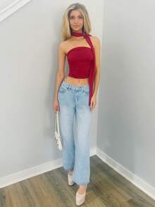 Sydney Algeri Y2K 风格豹纹短款褶皱红色抹胸女装 - 酒紅色 - 查看 5