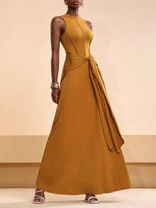 Zivah 2026春夏新款优雅无袖开衩腰带褶皱修身连衣裙，适合婚礼、派对、约会、通勤等场合。 - 棕色 - 查看 5