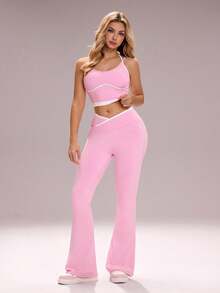 Sovereign Charm 女士高腰瑜伽运动裤，蜜桃色提拉健身跑步喇叭裤，裸感弹力面料 - 粉色 - 查看 3