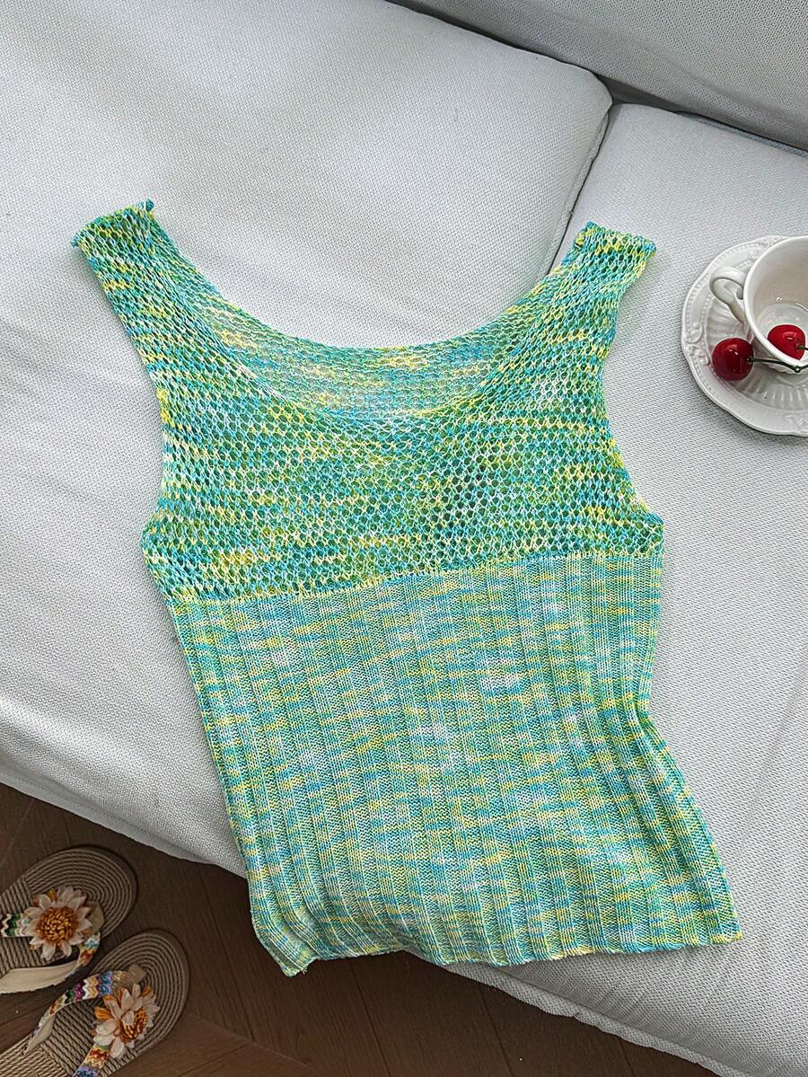 SHEIN SunnyBelle Y2K 女士镂空渐变针织无袖露脐上衣，腰部收紧，适合春夏海岛度假 - 彩色 - 查看 1