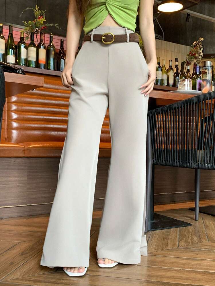 Women's Elegant Solid Color Pocket Loose Pants, Suitable For Daily Commute