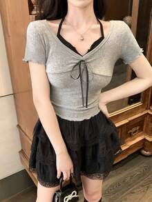 DAZY 女士二合一露背系带蝴蝶结短袖T恤 - 灰色 - 查看 3