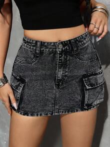 SHEIN PETITE Chân váy mini ôm sát gợi cảm nhiều túi bằng vải denim, thích hợp cho mùa hè. - Xám - Xem 3