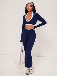 Hanevo Women's Long Sleeve Top And Flared Leg Pants 2 Pieces Set - Navy Blue - View 6