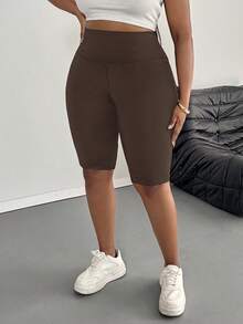 SHEIN PETITE CURVE 大码女士休闲纯色打底裤，适合夏季穿着 - 咖啡棕 - 查看 3