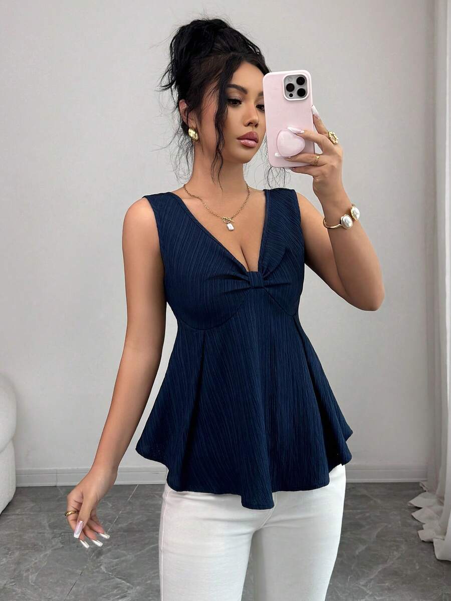 Rafferiza 女士优雅纹理面料无袖背心，休闲度假通勤装，春夏款 - 藏蓝色 - 查看 1