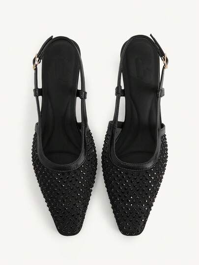 CUCCOO CHICEST Women's New Square Toe Mid-Heel Black Mesh Rhinestone Elegant Party Ankle Strap Stiletto Pumps