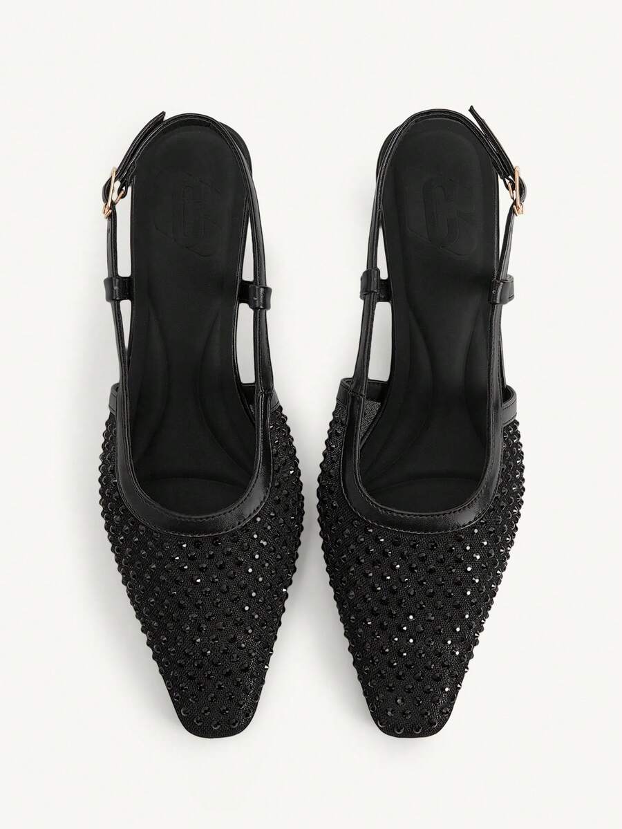 CUCCOO CHICEST Women's New Square Toe Mid-Heel Black Mesh Rhinestone Elegant Party Ankle Strap Stiletto Pumps - Black - View 1