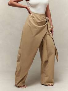 Vixey Pantalones con pierna de barril, cintura elástica y panel envolvente asimétrico en color caqui - Caqui - Ver 4