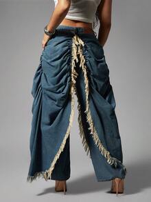 Denimoi Overlayed Raw Edge Ruching Detail Jeans Fashionable Denim Statement Jeans Concert Outfit - Medium Wash - View 2