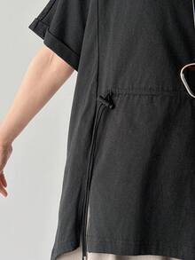 FRIFUL Camiseta casual de mujer de unicolor con cordón en la cintura y aberturas laterales, corte holgado, versátil, para primavera/verano - Negro - Ver 5