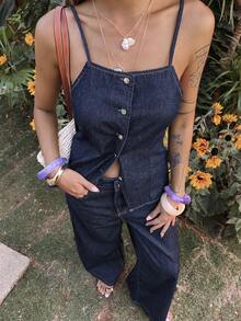 DAZY Women's Casual Vacation Style Denim Camisole And Wide Leg Pants Set - Dark Wash - View 4
