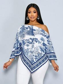 SOLERSUN 女士加大码休闲优雅杏色印花不对称领长袖不对称下摆衬衫斜肩开衩袖宽松时尚衬衫复古日落假日印花蝙蝠袖上衣新款上市百搭日常通勤、外出、静谧奢华假期 - 藏蓝色 - 查看 2