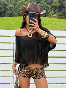 SHEIN EZwear Áo lưới tua rua thời trang nhiều màu sắc dành cho nữ - màu đen - Xem 8