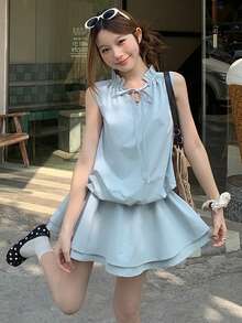 DAZY 女士夏季荷叶边领抽绳系腰短款休闲连衣裙 - 淺藍色 - 查看 2