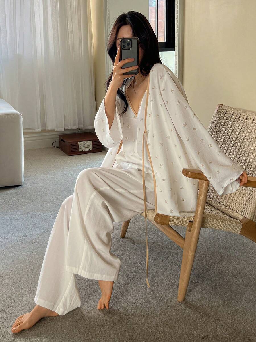 DAZY 3件套/组 蝴蝶结印花撞色滚边吊带背心和宽松睡裤 女士睡衣套装 - 白色 - 查看 1