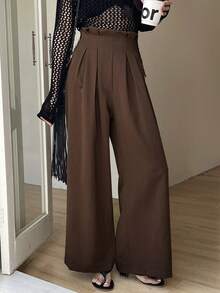 DAZY 女士优雅褶裥休闲裤，适合通勤，春季款 - 咖啡棕 - 查看 6