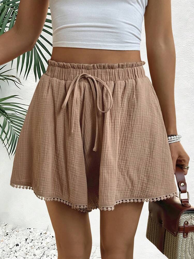 Women's Lace Patchwork Elastic Waist Casual Shorts, Suitable For Spring/Summer Holiday