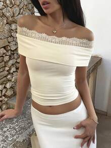 DAZY Blusa elegante de verano con hombros descubiertos, encaje y ajuste ceñido - Beis - Ver 5