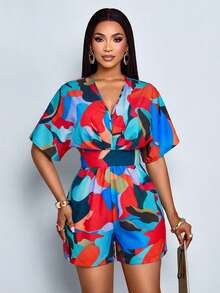 SOLERSUN 女士夏季时尚优雅度假几何花卉印花V领蝙蝠袖褶皱休闲连体裤 - 紅色 - 查看 6