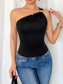 Franclia Women's Black Sexy Metallic Pleated Sleeveless Bodysuit One Shoulder Top Dress Top One Sleeve Top Black Top One Shoulder Blouse - Black - View 4