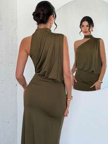Firerie 女士优雅简约浪漫端庄宴会派对假日婚礼宾客度假不对称领口单肩垂褶修身亮面橄榄绿超长连衣裙 - 橄欖綠 - 查看 8
