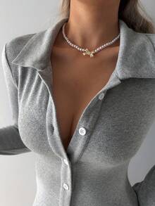 DAZY Women's Simple Knit Shorts Pajama Set - Grey - View 9