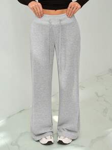 SHEIN Tall Comfortable And Casual Plain Knitted Low-Rise Wide-Leg Women's Sweatpants - Grey - View 4