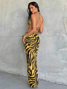 Aloruh Women's 3-Piece Bikini Set,Yellow,Summer,Casual,Beach,Vacation,Holiday Zebra Print Metal Decor Triangle Halter Top,Thong&Long Sarong Skirt - Multicolor - View 2