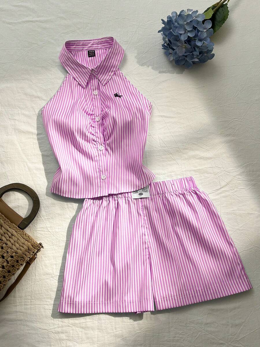 Elamini 2pcs Women Striped Print Collared Embroidered Shirt & Elastic Waist Casual Shorts Set, Spring/Summer - Pink - View 1
