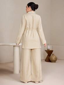 Graceveil Bộ 2 món áo khoác cổ đứng có dây rút điều chỉnh dành cho nữ và quần in họa tiết. - Màu be - Xem 2