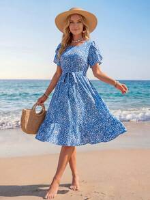 Sylviya Ditsy Floral Print Petal Sleeve Ruffle Trim Belted Dress - Blue and White - View 4