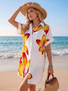 Sylviya 女士花卉印花前开扣领短袖迷你连衣裙，春夏 - 彩色 - 查看 4