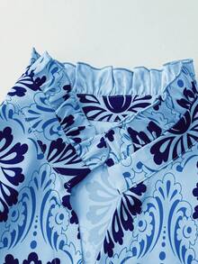 Franclia Boho Plus Size Multicolor Random Print Woven Fabric Half Bishop Sleeve Shirt Blouse With Frill Detail And Shirt Collar Regular Length - Multicolor - View 3