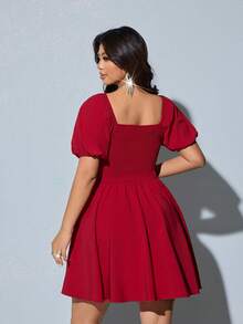 Viva Relle Plus Size Women Elegant Solid Color Ruffle Collar Puff Sleeve Waist Cinched Midi Dress - Burgundy - View 6