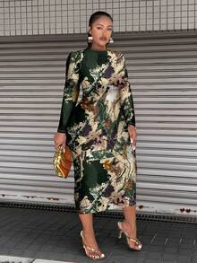 Slaydiva Women Camo Tree Branch Pattern Long Sleeve Round Neck Casual Dress, Suitable For Autumn Winter - Multicolor - View 4