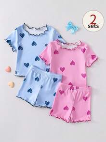 4pcs Baby Girls Cute Heart Pattern Short Sleeve Pajama Set With Frill Trim At Cuffs, Hem And Leg Openings - Multicolor - View 3
