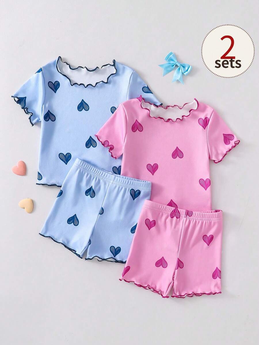 4件套女婴可爱爱心图案短袖睡衣套装，袖口、下摆和裤脚均有荷叶边装饰 - 彩色 - 查看 1