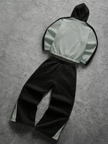 PAVTROS Men's Letter Print Drawstring Hooded Zip Pocket Long Sleeve Sweatshirt And Sweatpants Casual Tracksuit Set - Black - View 2