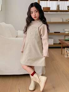 DAZY Robe décontracté à bretelles avec design de poche à lettres pour jeune fille - Beige - Voir 5