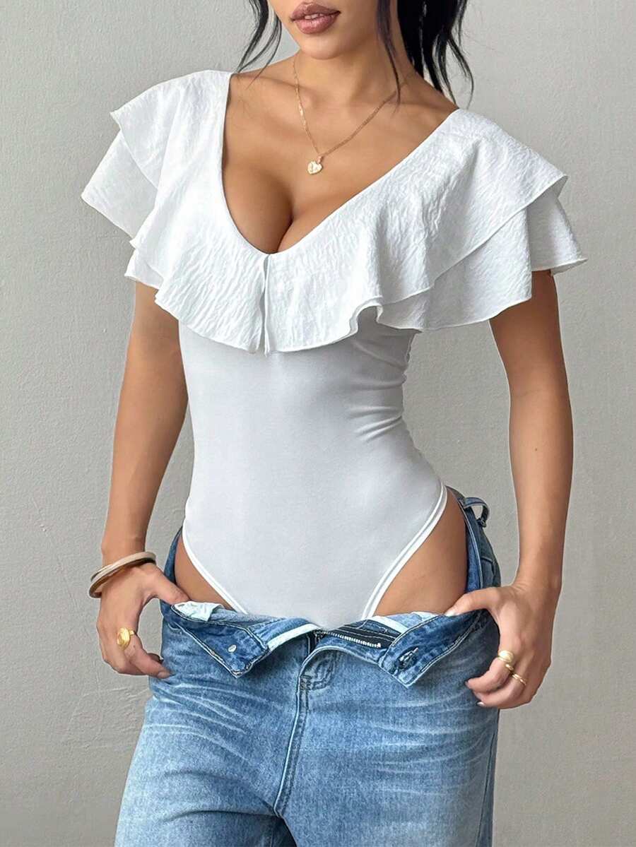 Almamuse Petite Fashionable & Elegant Ruffle Waist Slim Bodysuit - White - View 1