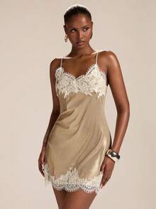 SHEIN BAE Women's Gold Spaghetti Strap Lace Trim Neck & Hem Mini Dress, Spring/Summer Dress,Party Dress, Wedding Guest Dress For Women ,Vacation Outfits Women , - Gold - View 5