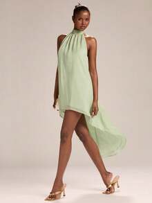 SHEIN BAE 女士绿色露背系带无袖不对称下摆迷你连衣裙，度假连衣裙 - 綠色 - 查看 5