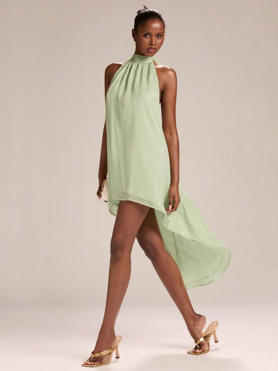 SHEIN BAE Women's Green Halter Tie Sleeveless Asymmetrical Hem Mini Dress, Vacation Dress - Green - View 1