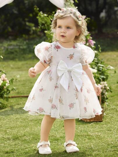 Babygirl Cute & Elegant Organza Floral Pattern Bow Decor Short Sleeve Dress