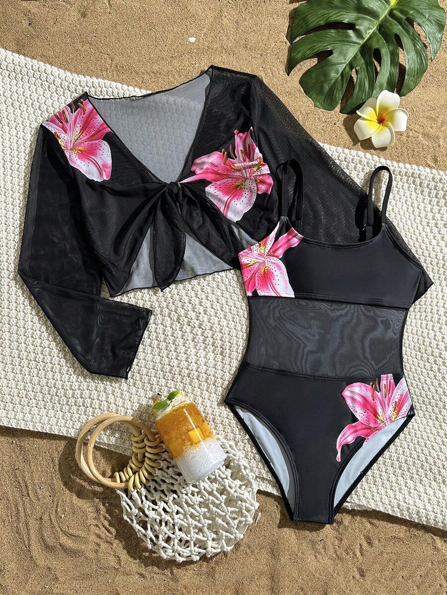 1件女童黑色底粉色百合花连体泳衣+短款网纱罩衫 - 彩色 - 查看 1