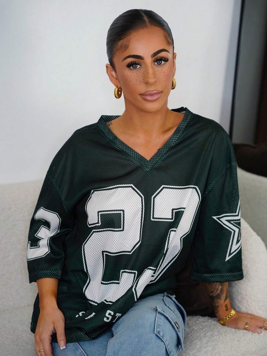 SAYEHFBABY Casual Minimalist 23 Letter & Number Graphic Women T-Shirt, Suitable For Summer - Green - View 1