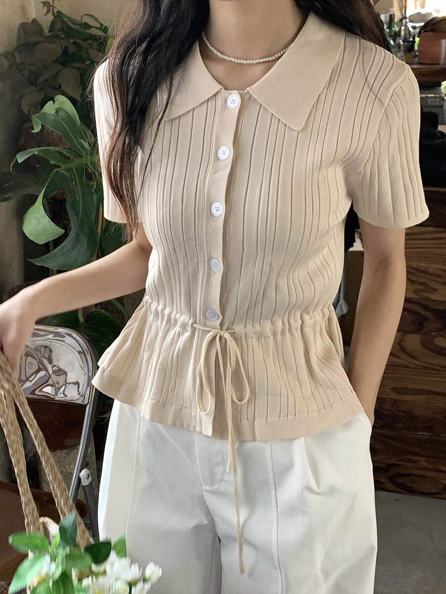 DAZY 女士抽绳腰带系结短袖针织上衣 - 白色 - 查看 1